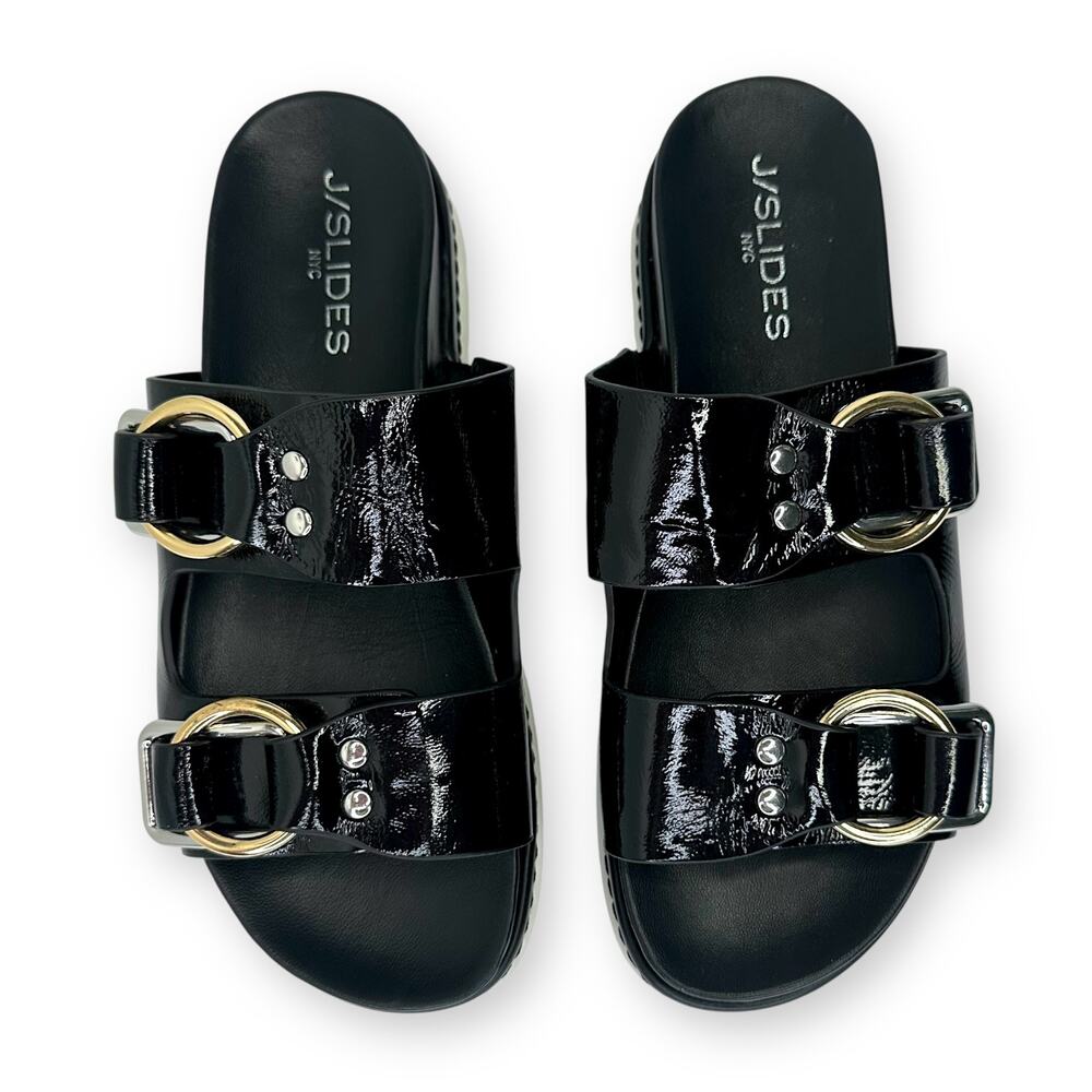 J Slides Baha Leather Double Buckle Slide Sandals US 7.5 Black Patent Platform - Picture 2 of 13